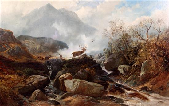 Clarence Roe (1850-1909) Stag and deer in a landscape 29 x 49in.